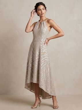 White House Black Market Taupe Zebra-Print Halter High-Low Dress